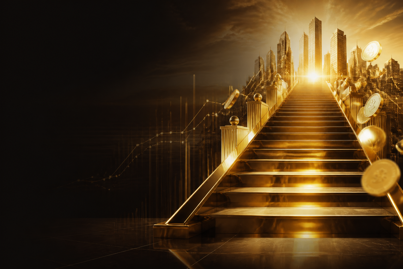 Golden staircase rising toward a bright modern skyline