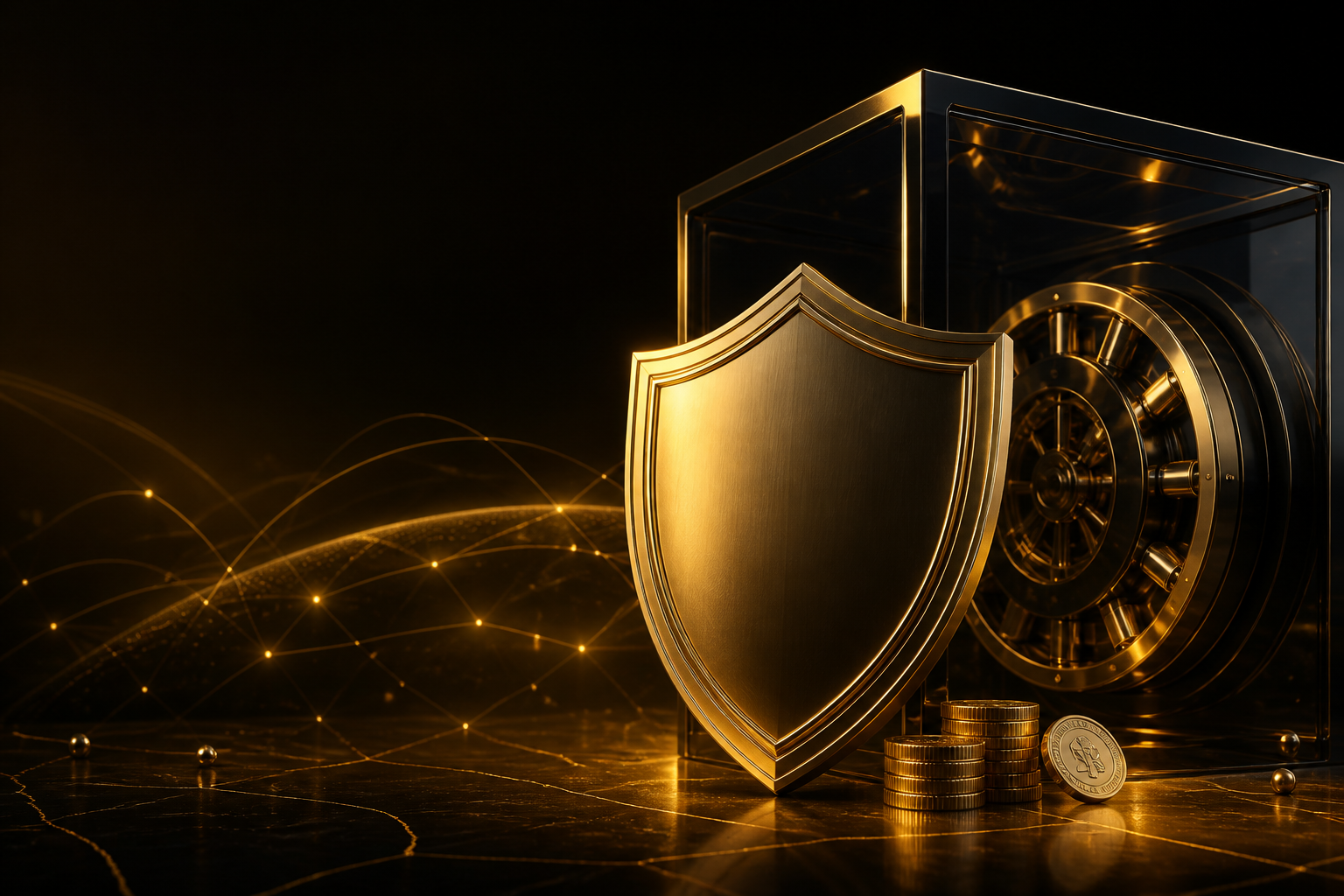 Golden shield protecting a secure digital vault